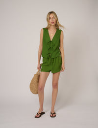 Green Linen-Blend Drawstring Shorts