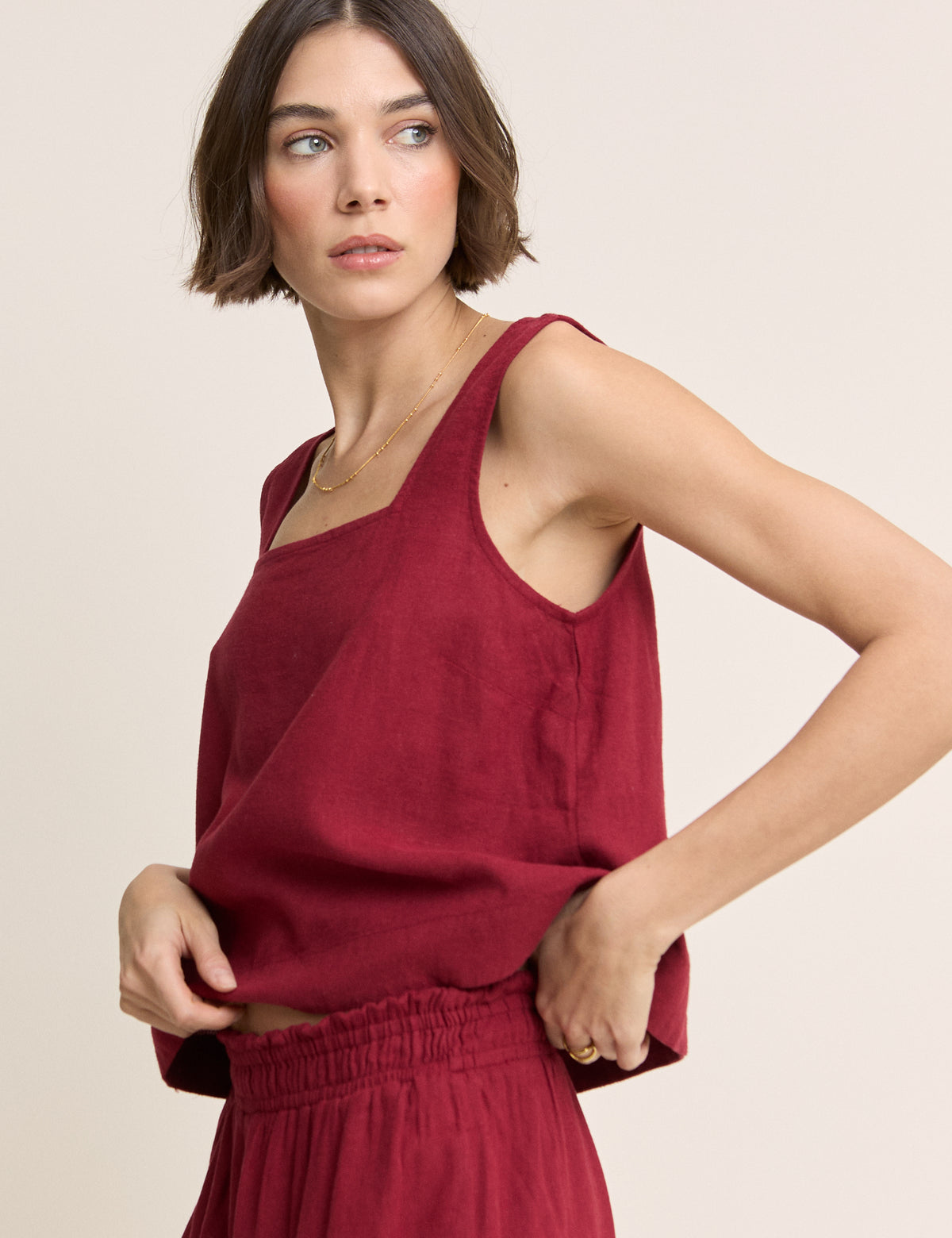 Red Linen-Blend Swing Top