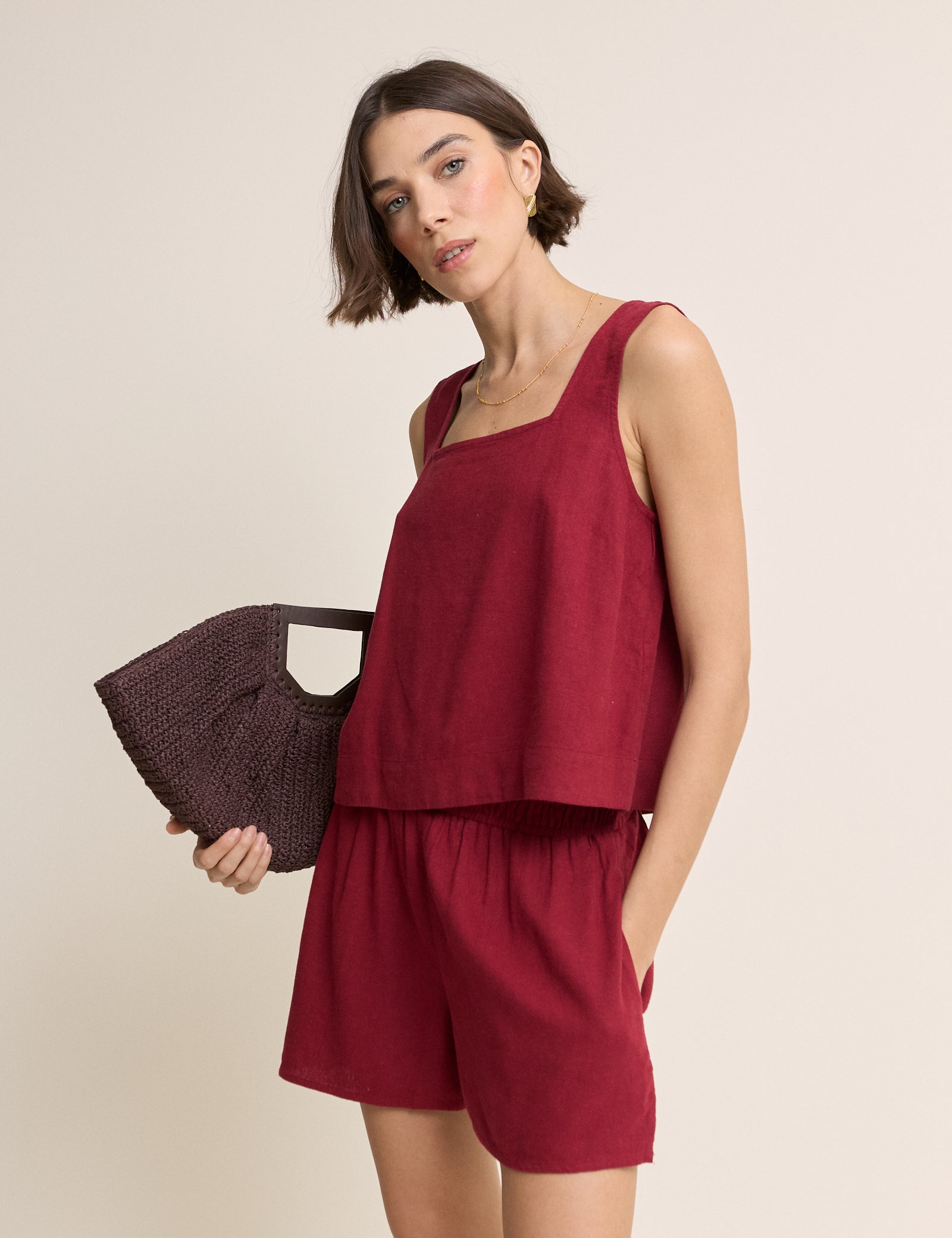 Red Linen-blend Swing Top