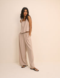 Beige Linen-Blend Swing Top