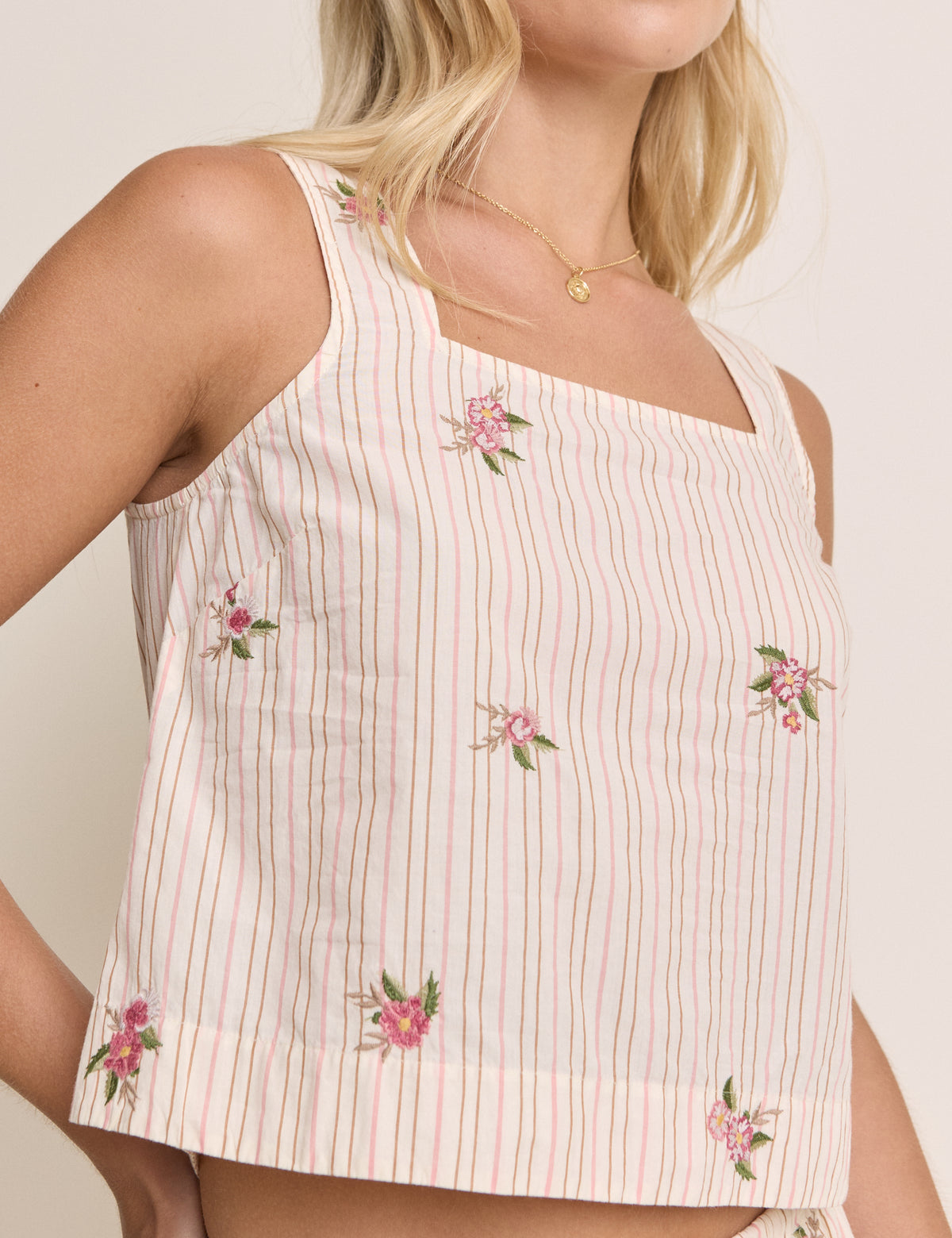 Light Pink Striped Embroidered Swing Top