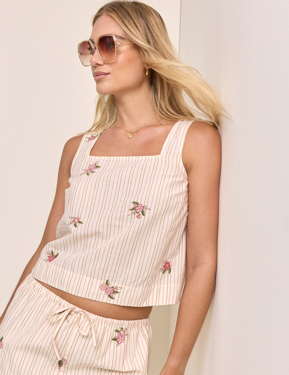 Light Pink Striped Embroidered Swing Top