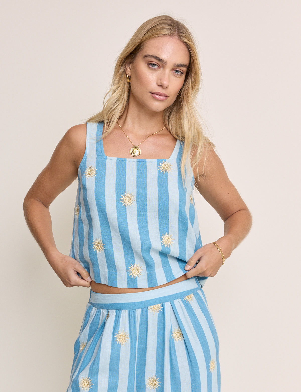 Blue Striped Embroidered Linen-Blend Top