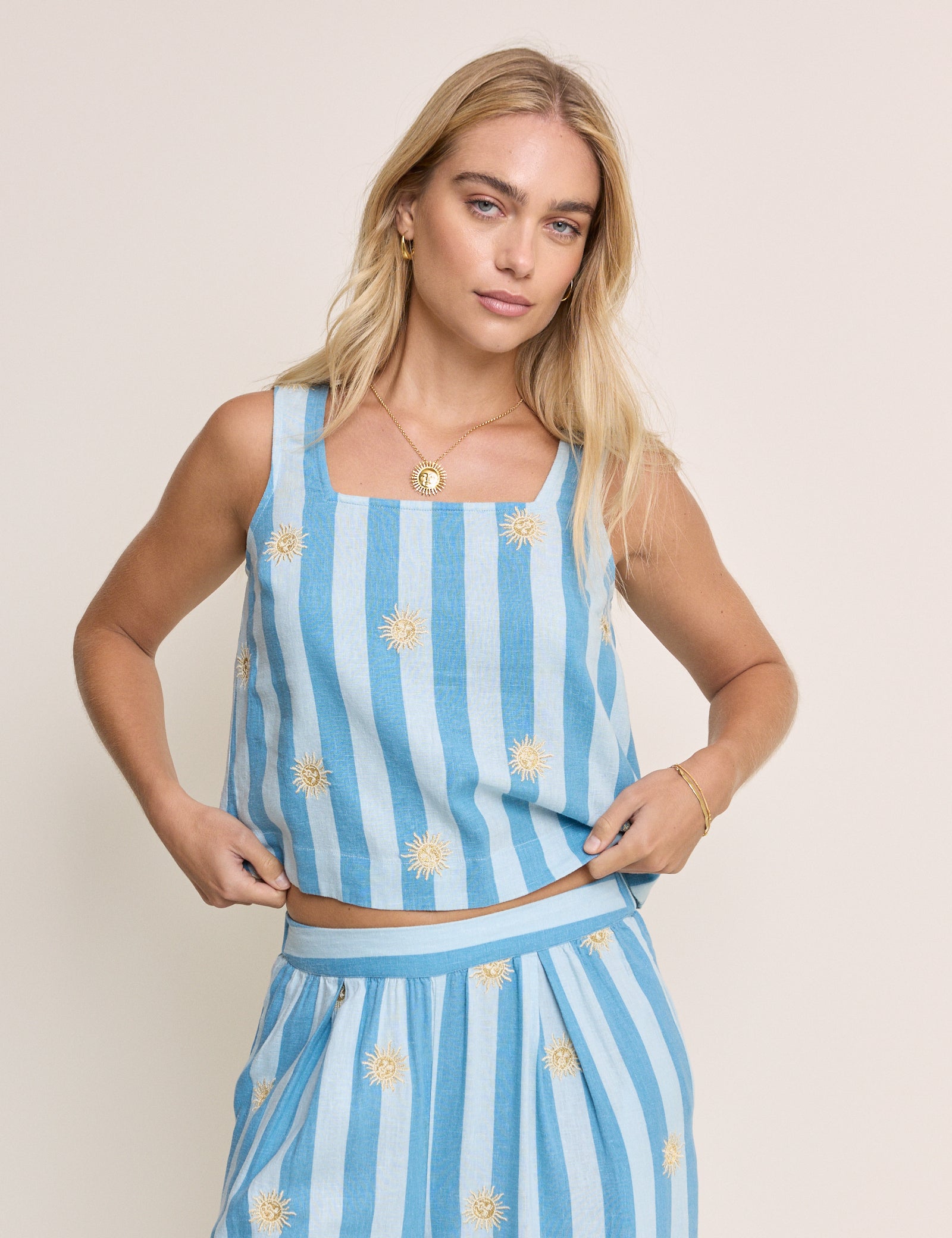 Blue Striped Embroidered Linen-Blend Top