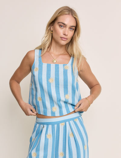 Blue Striped Embroidered Linen-Rich Top