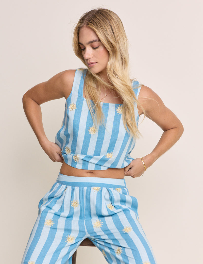Blue Striped Embroidered Linen-Rich Top