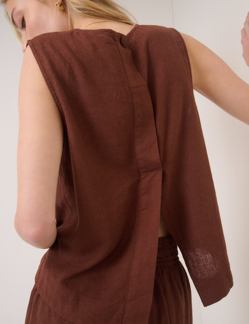 Brown Linen-Blend Sleeveless Swing Top