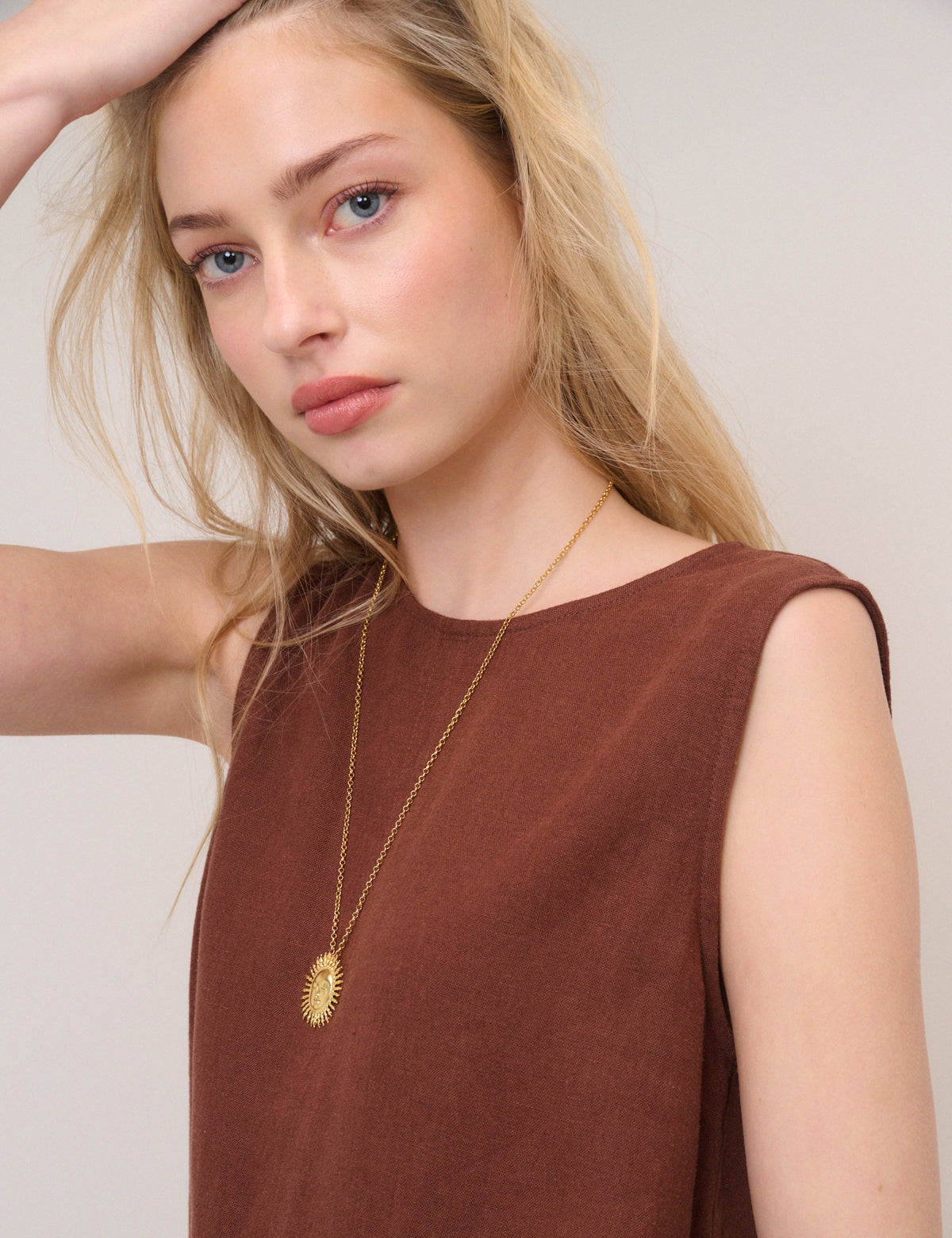 Brown Linen-Blend Sleeveless Swing Top