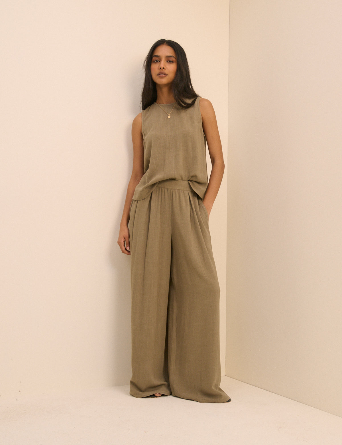 Khaki Linen-Blend Swing Top