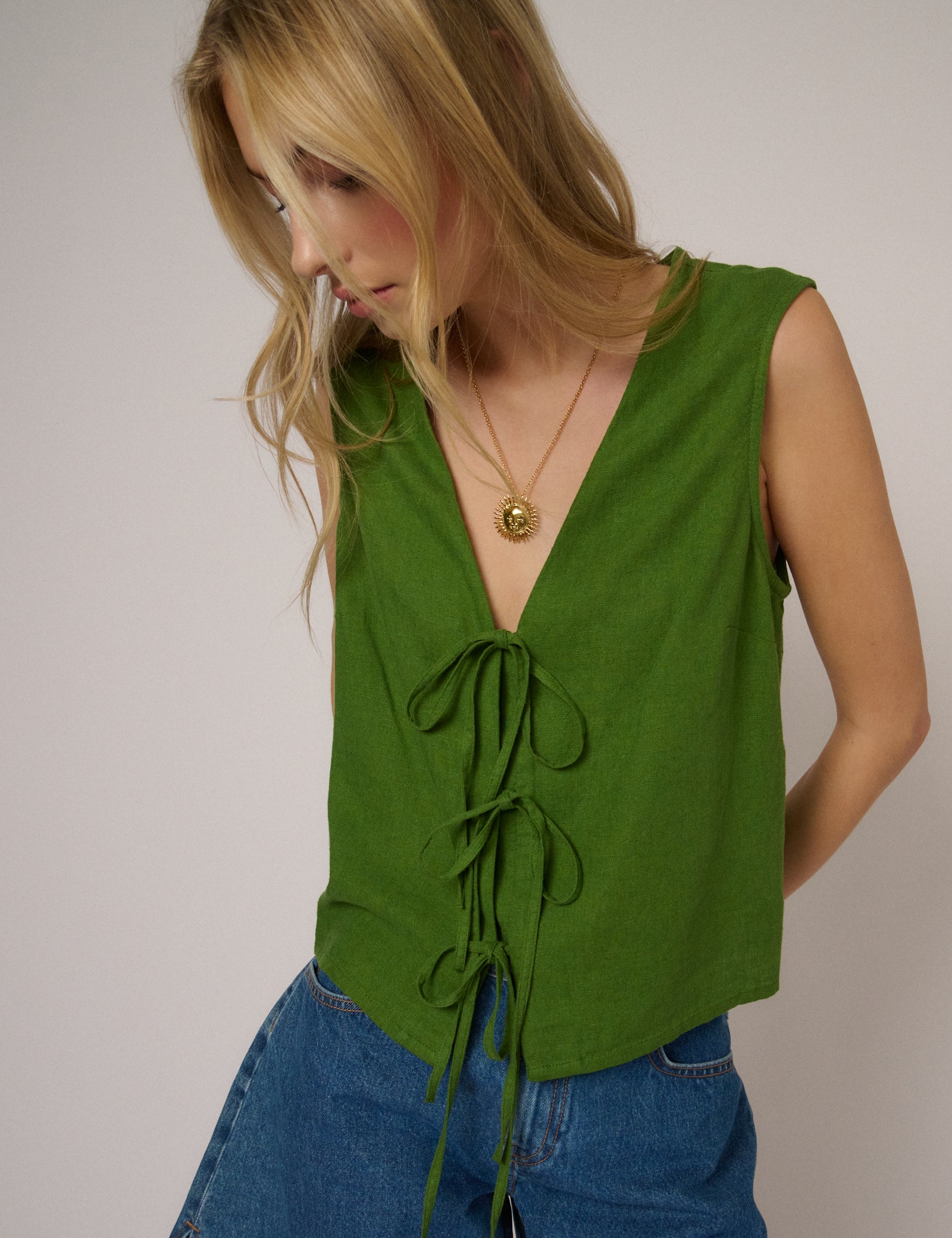 Green Linen-Blend Tie Front Tessa Top
