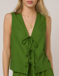 Green Linen-Blend Tie Front Tessa Top