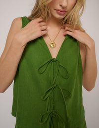 Green Linen-Blend Tie Front Tessa Top
