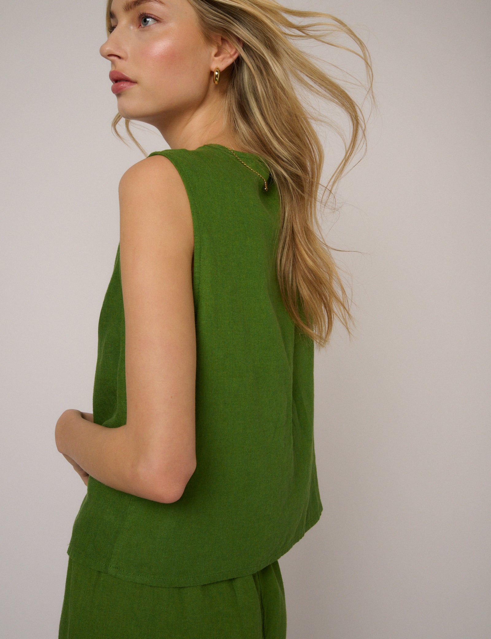 Green Linen-Blend Tie Front Tessa Top