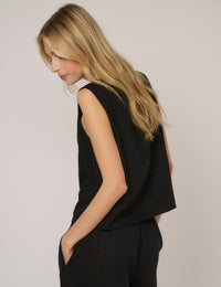 Black Linen-Blend Tie Front Tessa Top