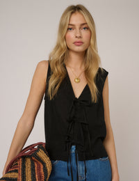 Black Linen-Blend Tie Front Tessa Top