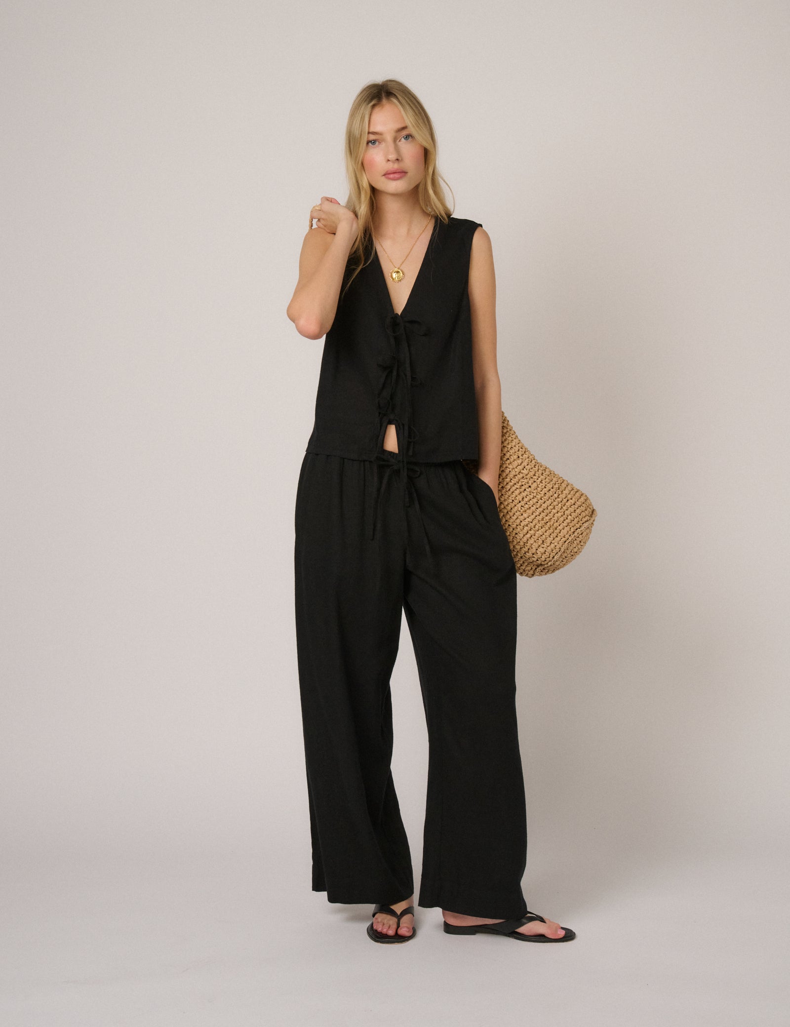 Black Linen-Blend Tie Front Tessa Top