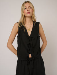 Black Linen-Blend Tie Front Tessa Top
