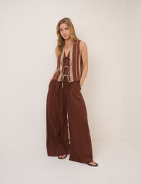 Brown Striped Linen-blend Top