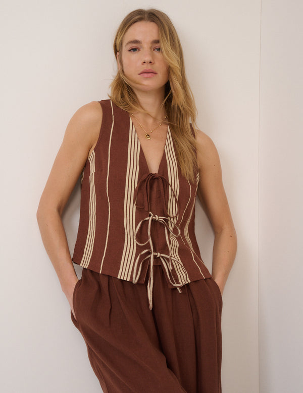 Brown Striped Linen-blend Top