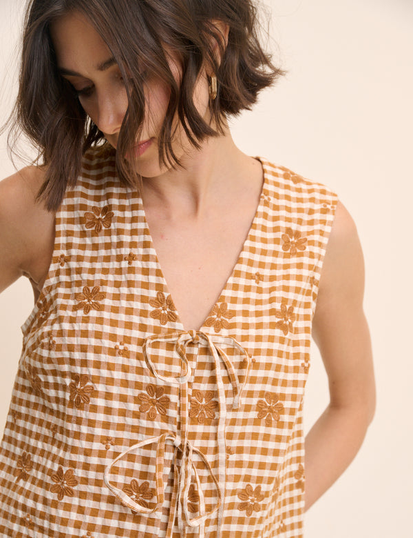 Orange Gingham Floral Tie Front Tessa Top