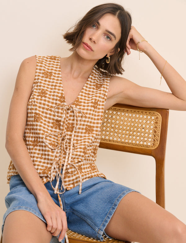 Orange Gingham Floral Tie Front Tessa Top