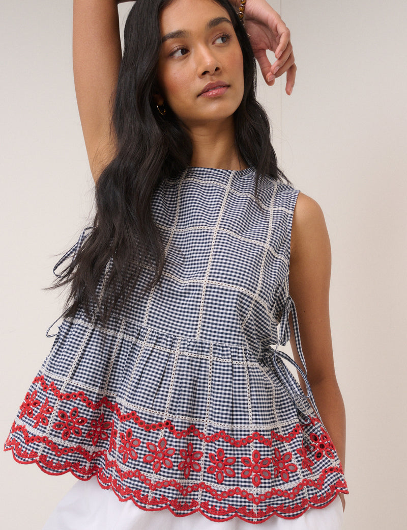 Black Gingham Embroidered Top