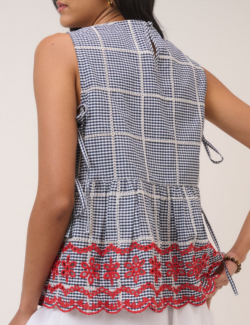 Black Gingham Embroidered Top