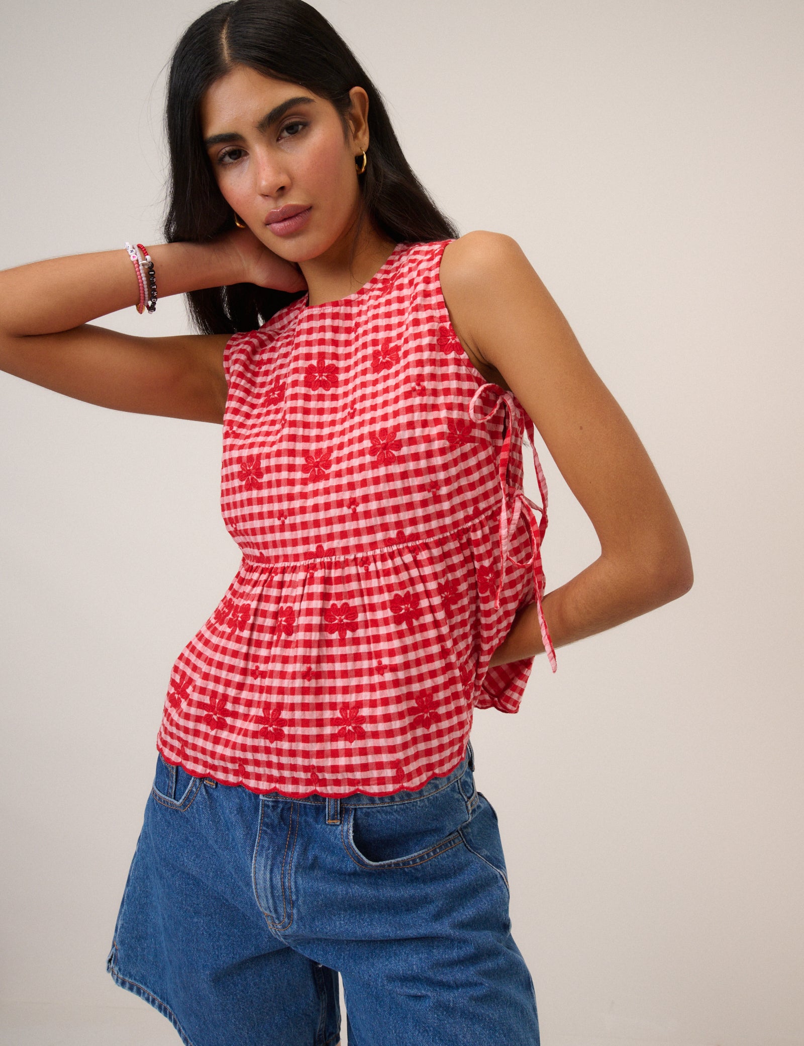 Red Gingham Sleeveless Tie Side Top