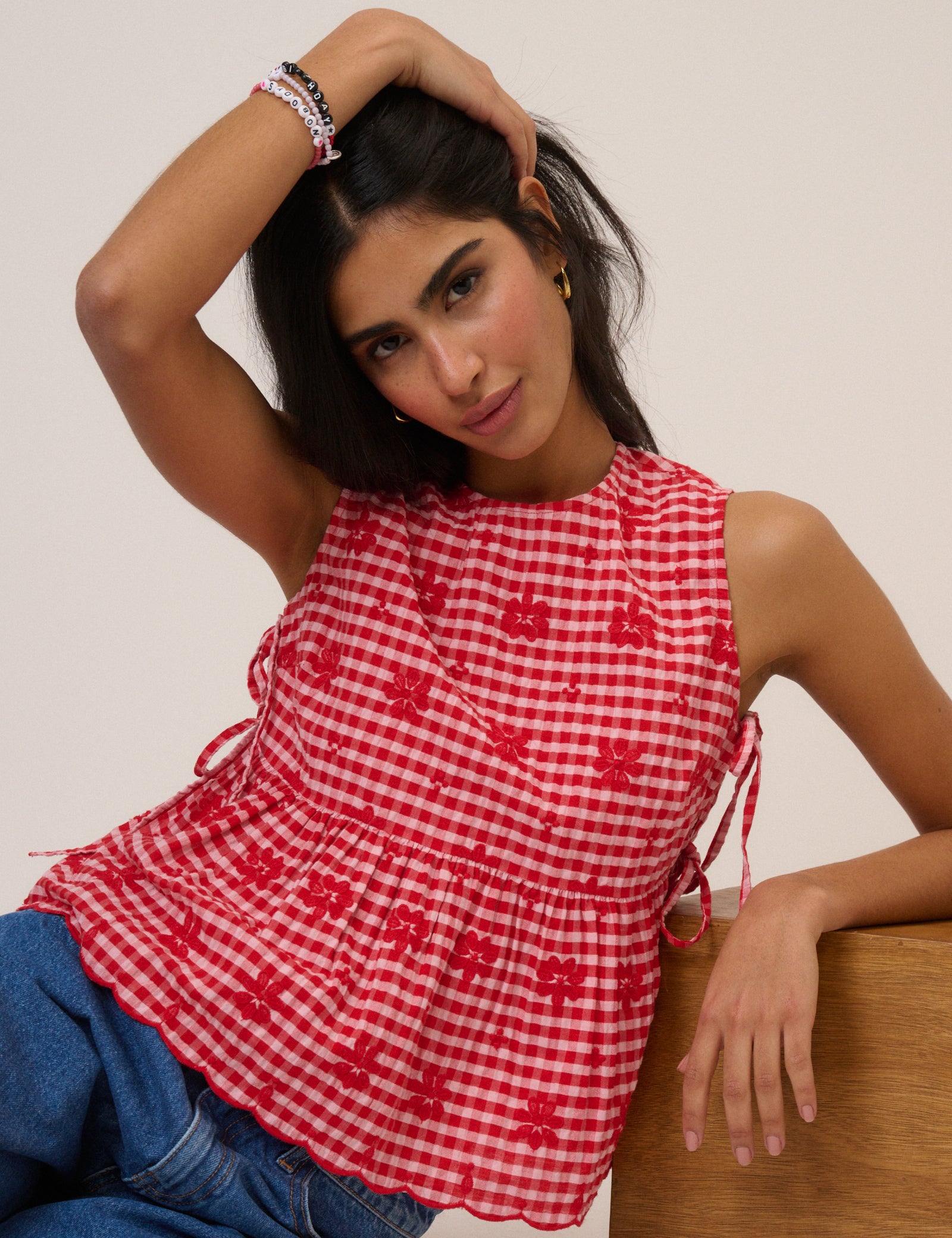 Red Gingham Sleeveless Tie Side Top