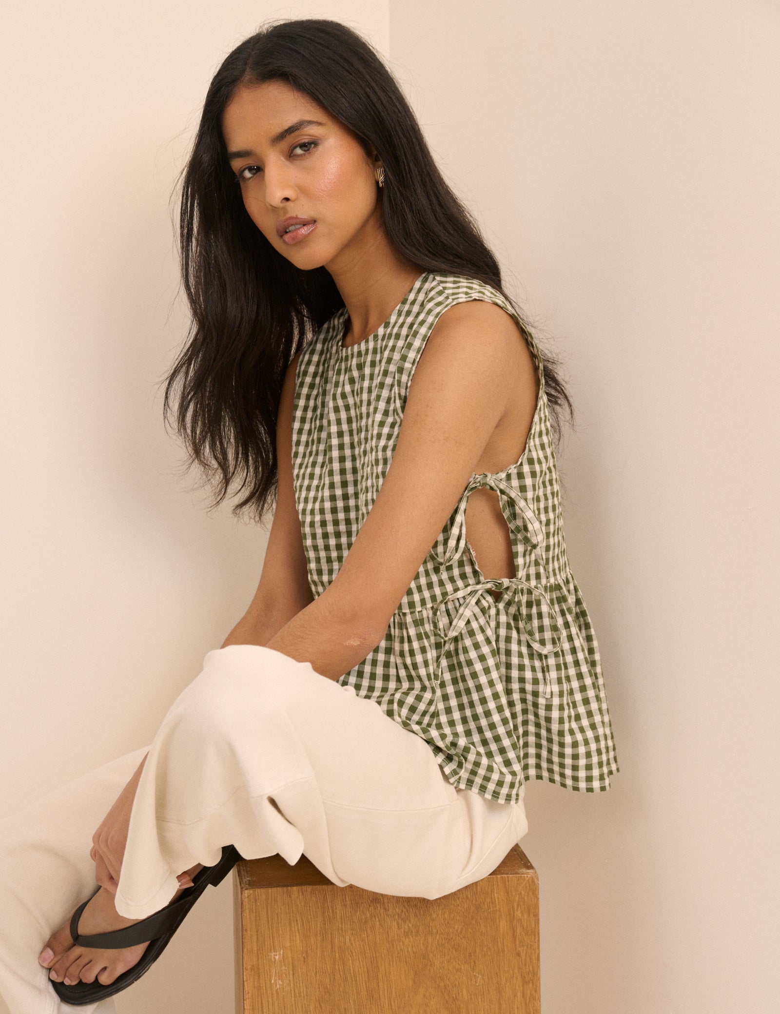 Green and White Gingham Side Tie Swing Top