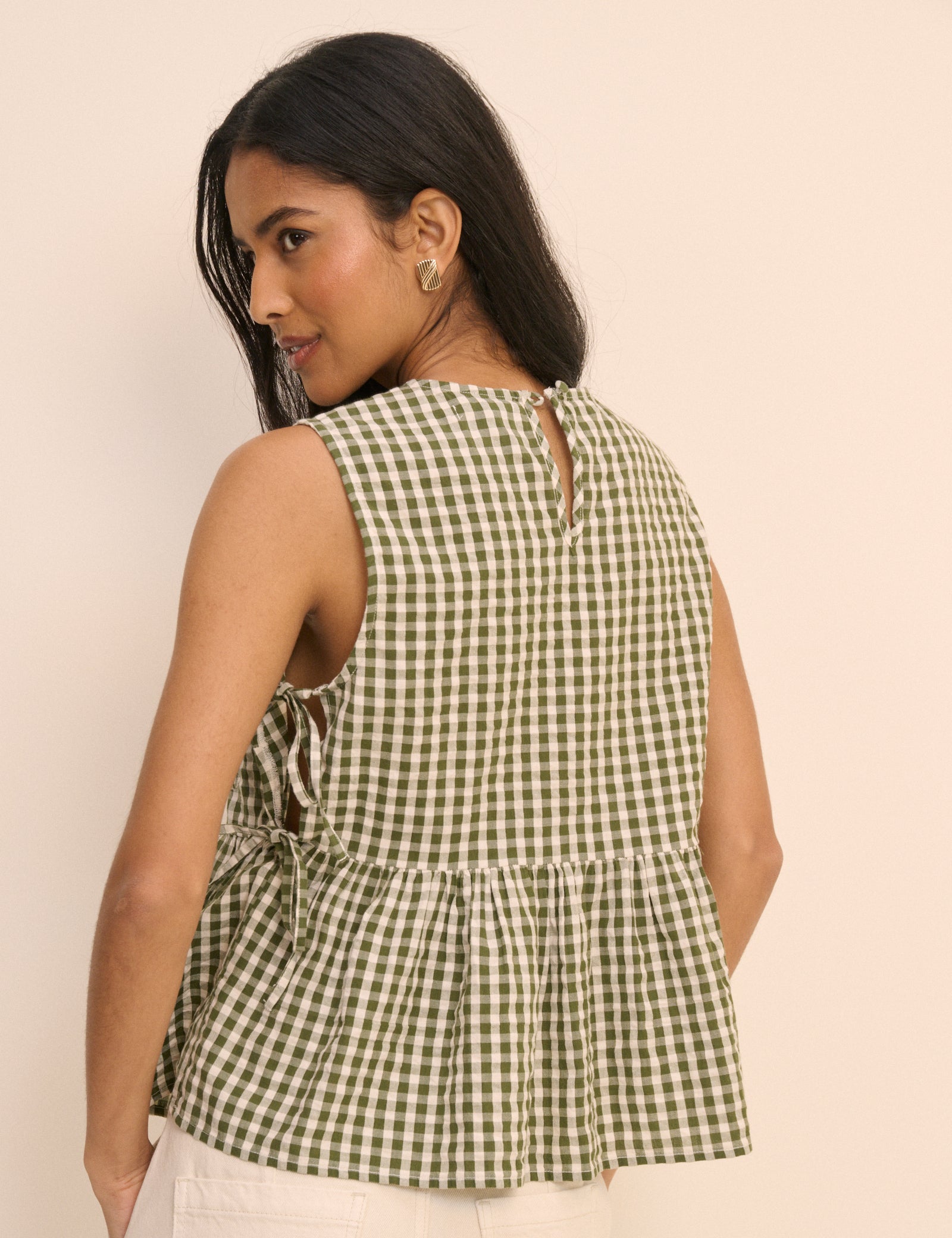 Green and White Gingham Side Tie Swing Top