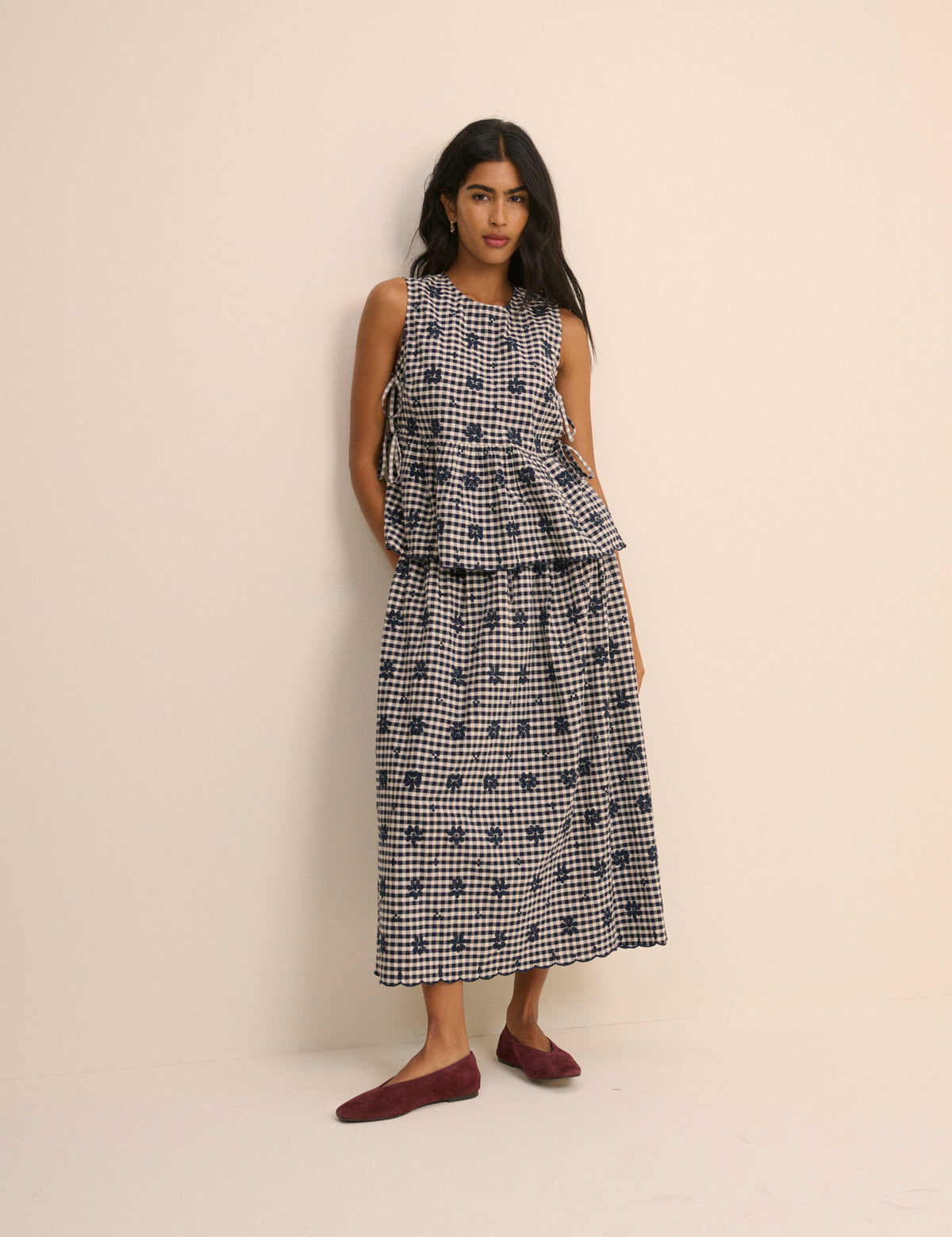 Navy Gingham Side Tie Swing Top