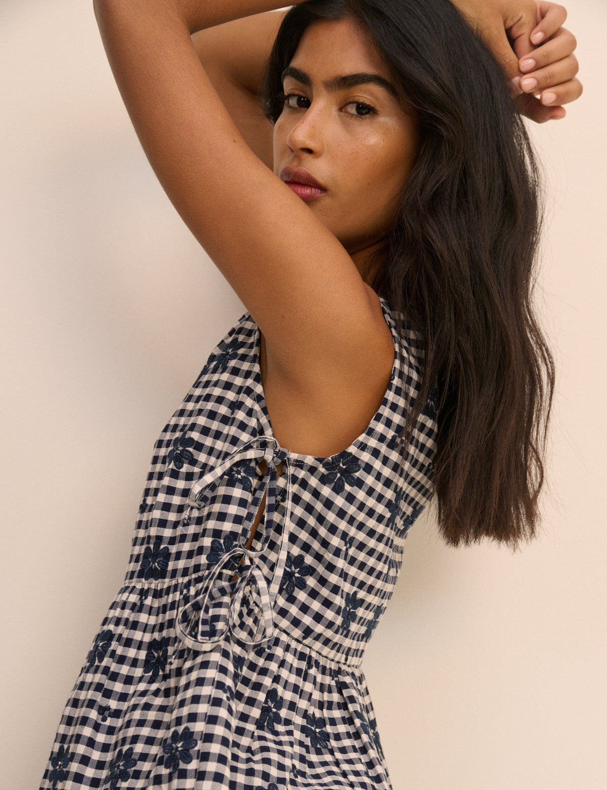 Navy Gingham Side Tie Swing Top