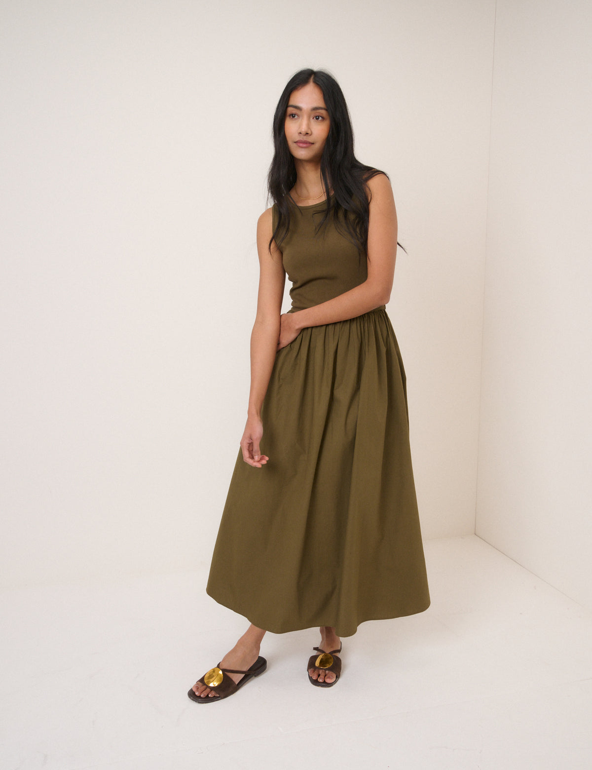 Brown Suede Metal Disc Detail Sandals