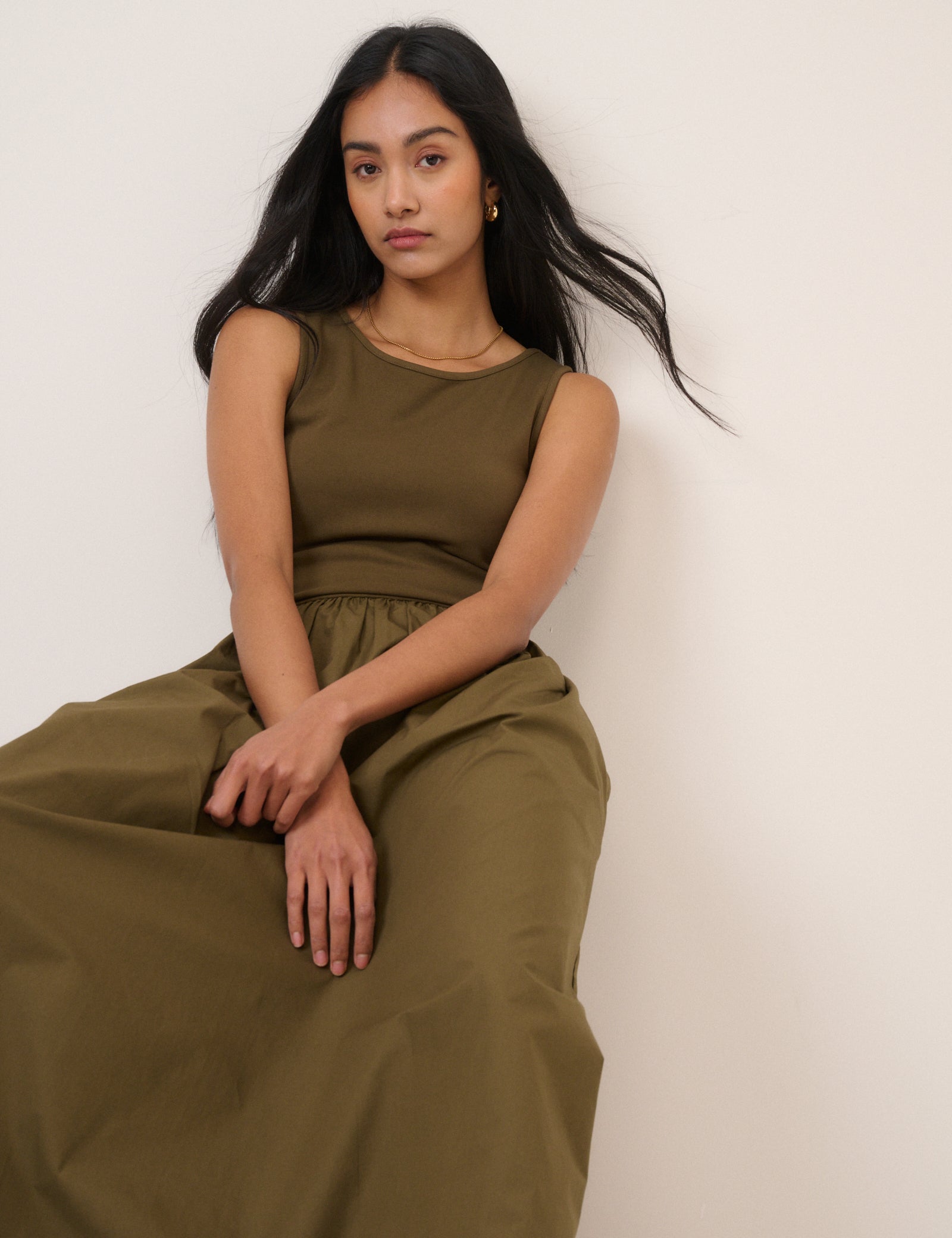 Khaki Sleeveless Drop Waist Vera Midi Dress
