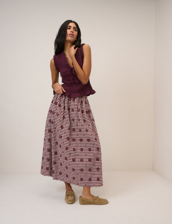 Burgundy Gingham Naples Midi Skirt