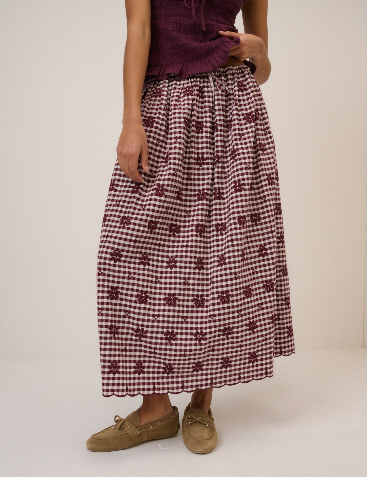 Burgundy Gingham Naples Midi Skirt