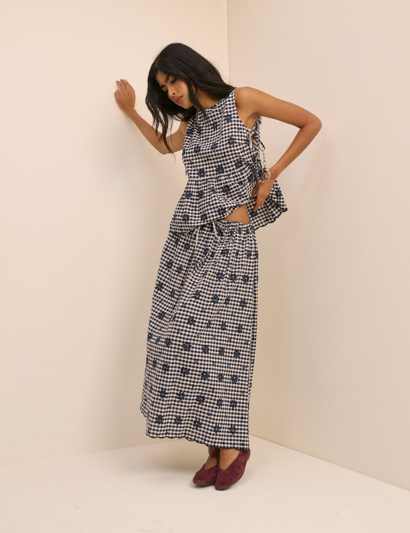 Navy Gingham Naples Midi Skirt