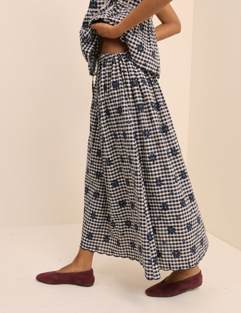Navy Gingham Naples Midi Skirt