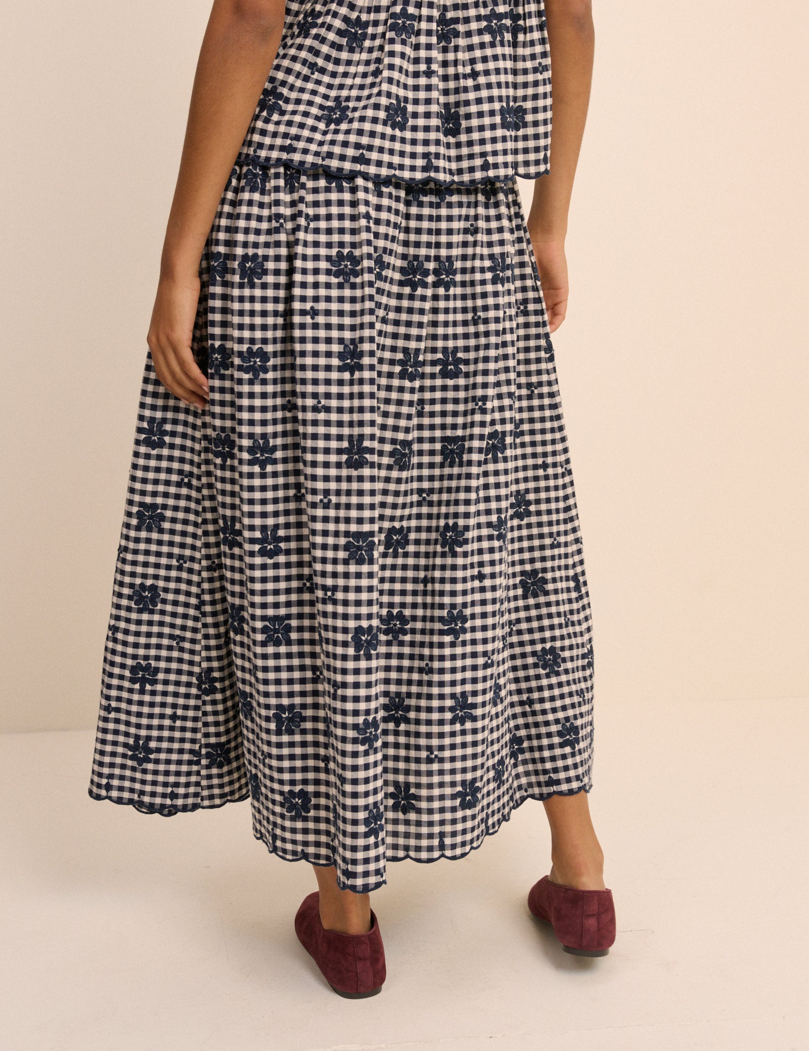 Navy Gingham Naples Midi Skirt