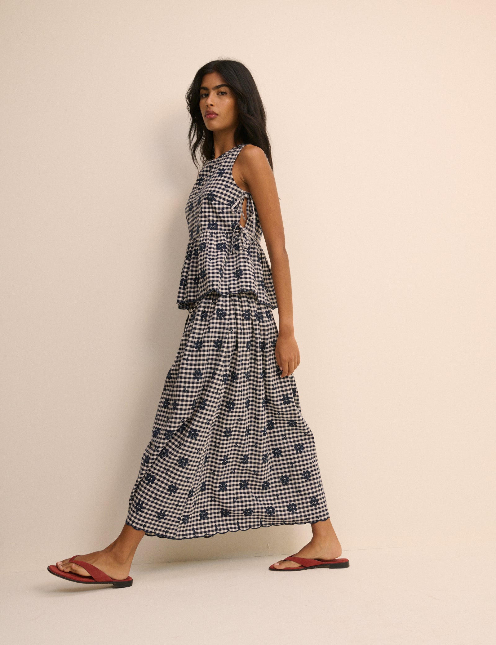Navy Gingham Naples Midi Skirt
