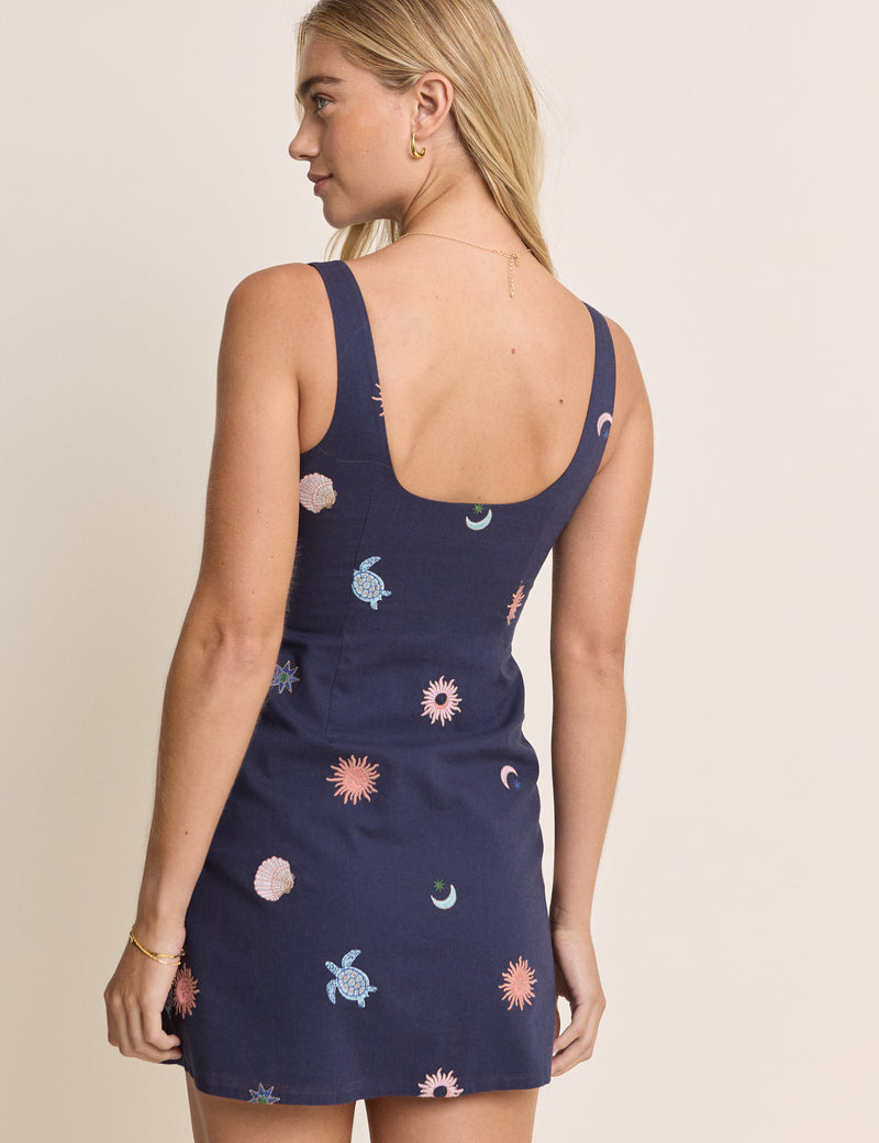 Navy Embroidered Connie Shift Mini Dress