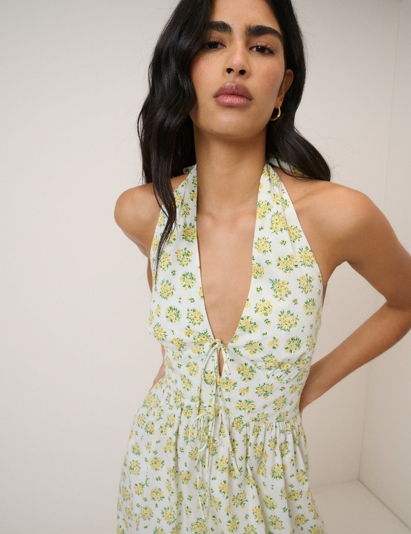 Yellow Floral Halterneck Lilijana Midi Dress