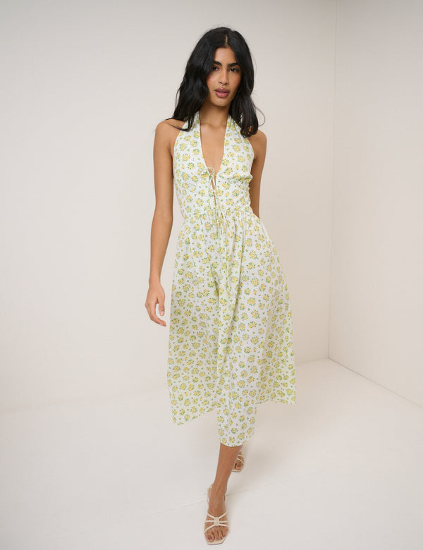Yellow Floral Halter Neck  Lilijana Midi Dress