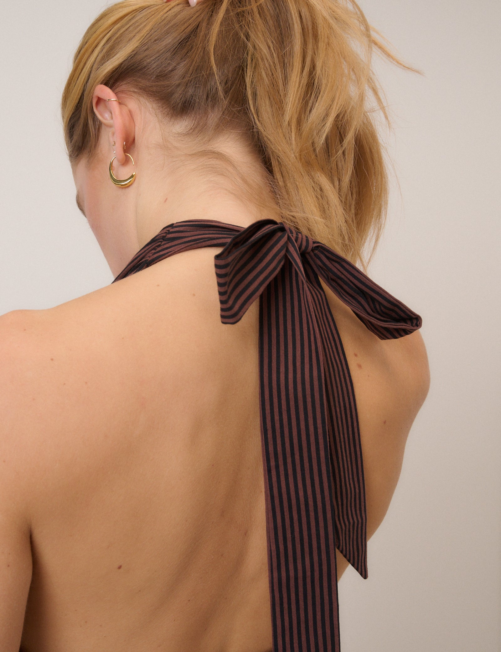 Brown Stripe Lilijana Halter Neck Midi Dress