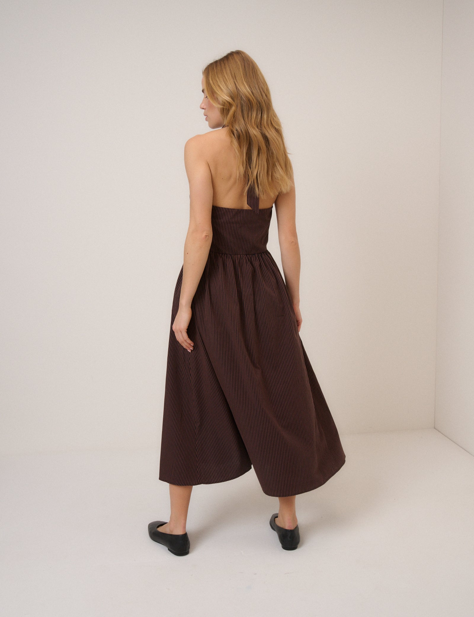 Brown Stripe Lilijana Halter Neck Midi Dress