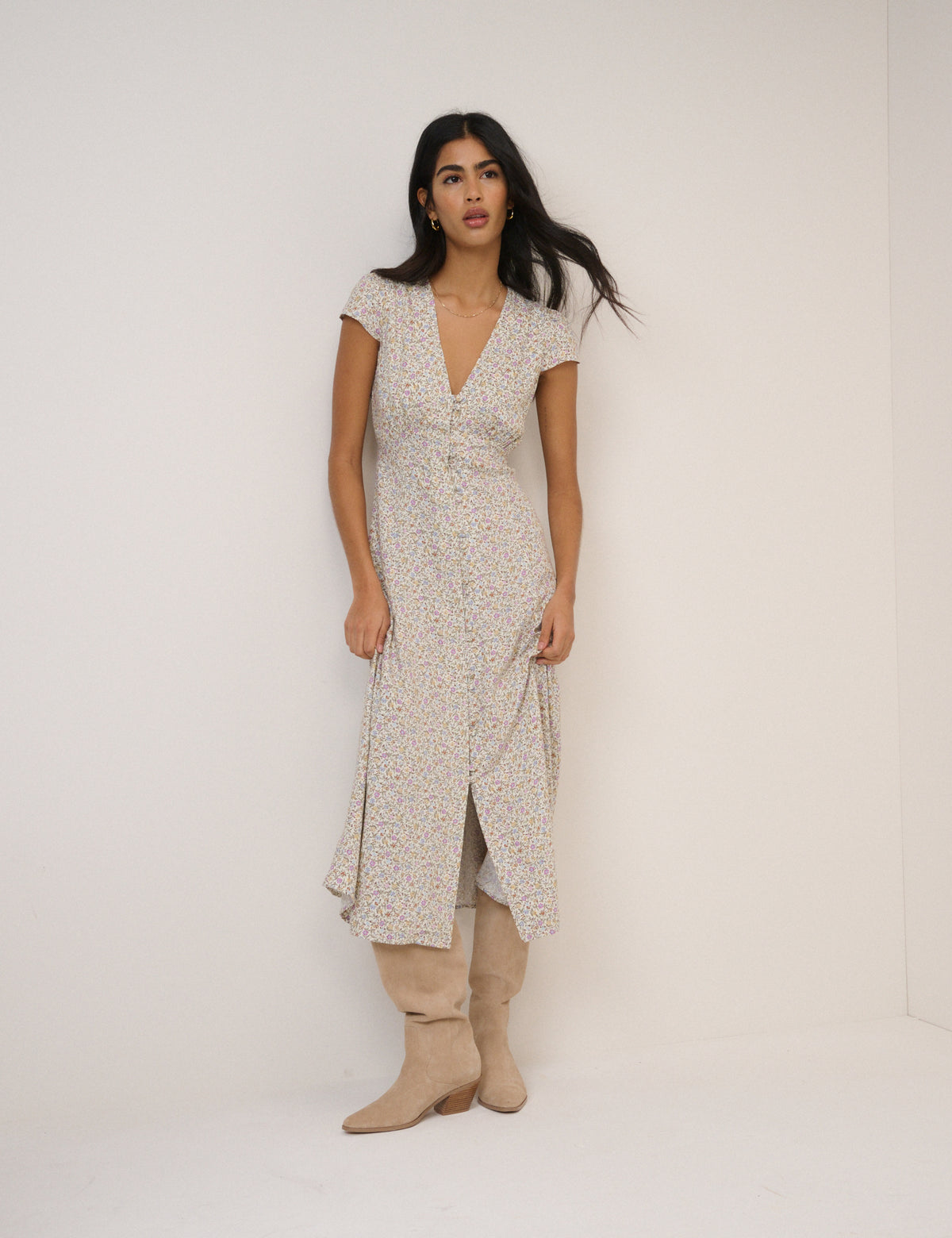 White Ditsy Floral Avery Midi Dress