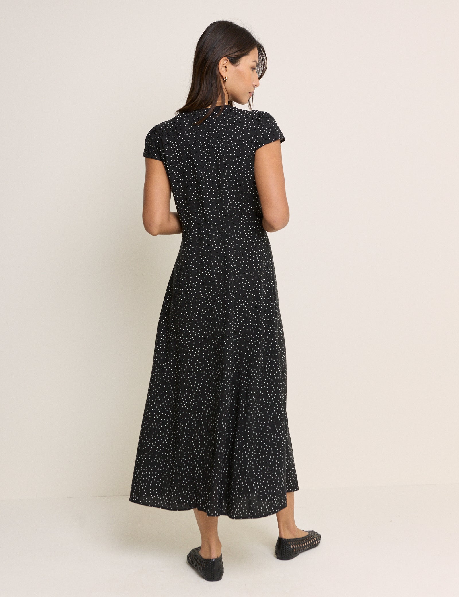 Black Polka Dot V-Neck Avery Midi Dress