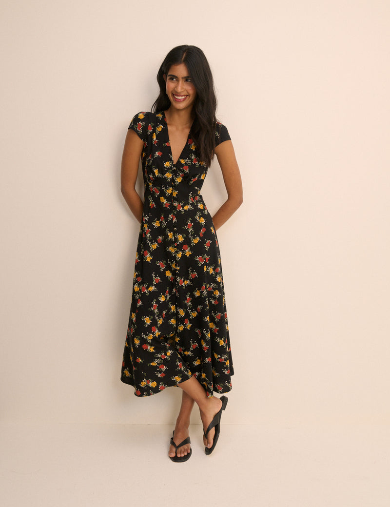 Black Floral Avery Midi Dress