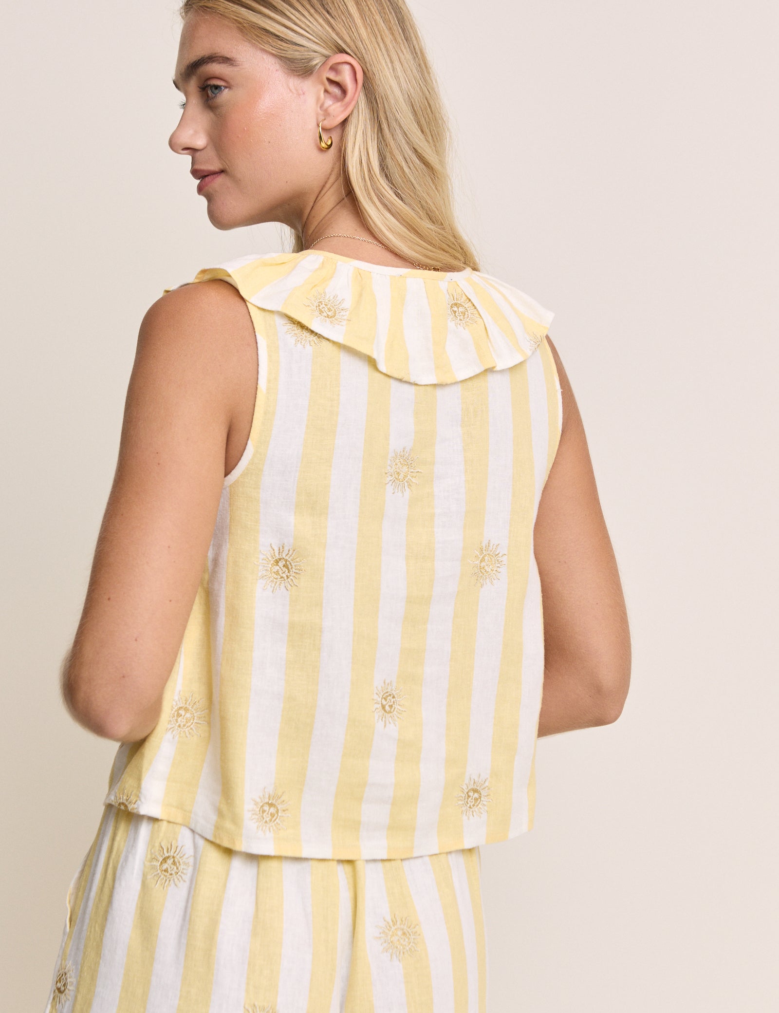 Yellow Striped Tie Front Linen-Blend Top